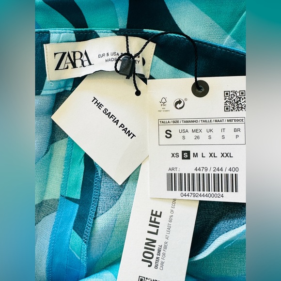 ZARA Silky Bold Blue Groovy Print The Safia Satin Effect Button Zip Flare Pants - Picture 13 of 14